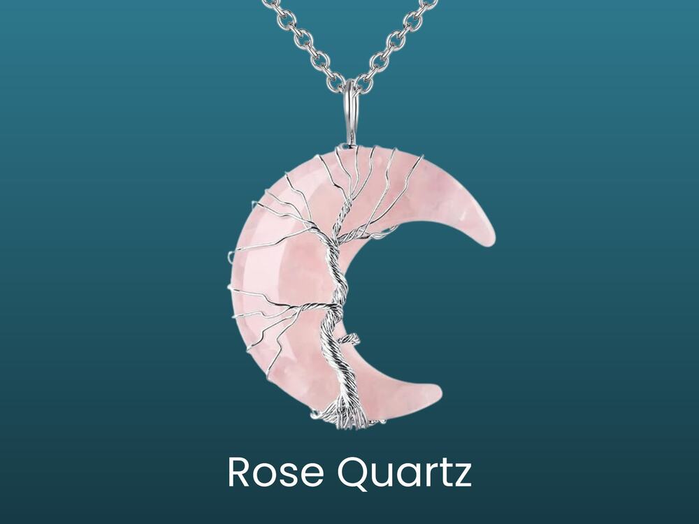 Rose Quartz Tree of Life Crescent Moon Boho Silver Necklace